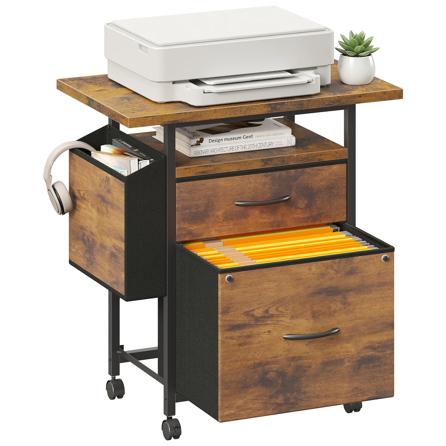JHK Mobile File Cabinet with 2 Fabric Drawers Printer Stand with Open Shelf & Side Storage Bag Under Desk Office Storage Cabinet with Wheels Rolling Filing Cabinet for A4/Letter Size Files