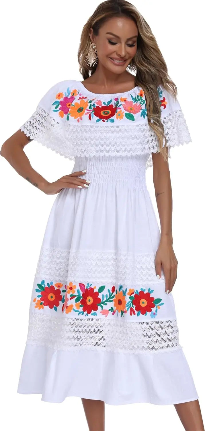 Women Cotton Off Shoulder Mexican Peasant Casual Dress