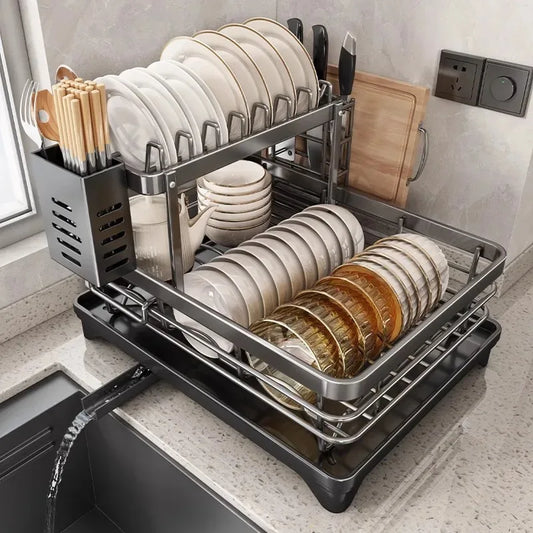 Stainless Steel Dish Drying Rack with Drainboard, Over Sink Plate Organizer for Kitchen Storage
