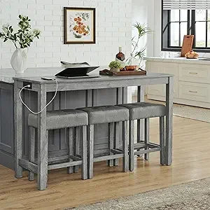 Industrial Style 3-Seat High Bar Table Set with Power Outlet, 4-Piece Dining Set Including Padded Stools