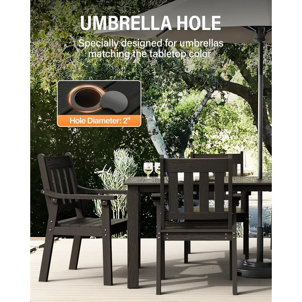 HIPS Patio Table Set: 7 Piece Outdoor Table and Chairs Dining Furniture Set with Umbrella Hole - Black Modern Plastic Dining Se