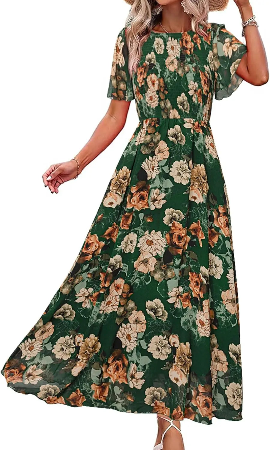 Floral Casual Summer Maxi Dress Chiffon With Smocked Short Sleeve