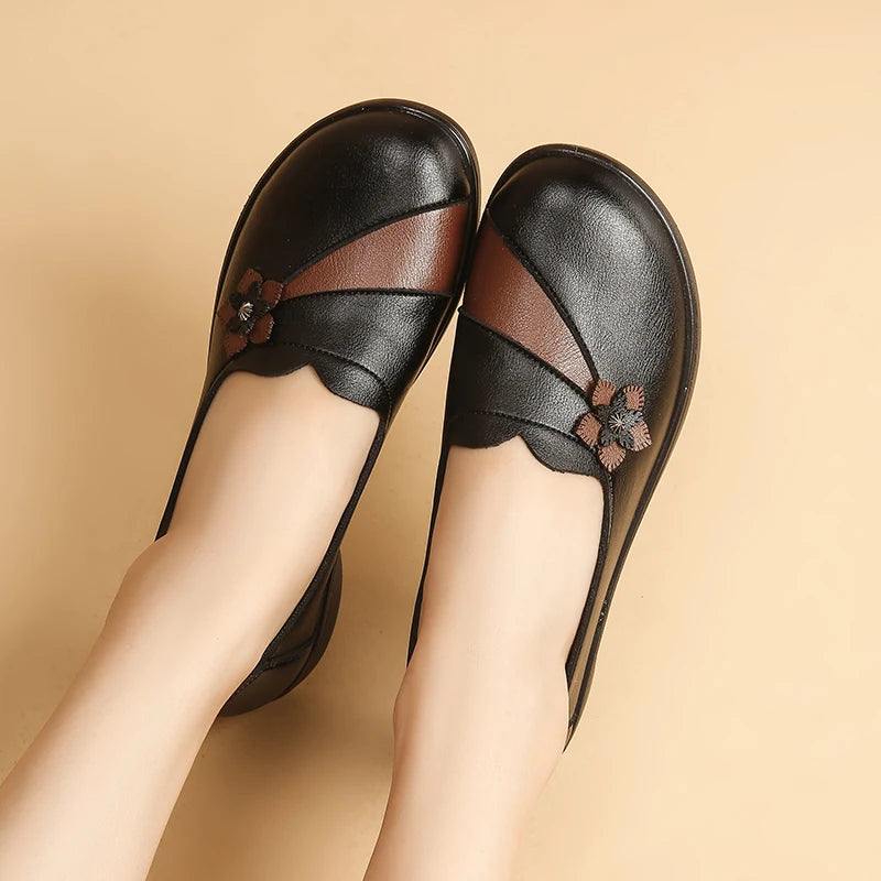 Women's Floral Slip On Flats - Light Brown Leather Loafers with 3D Flower Detail