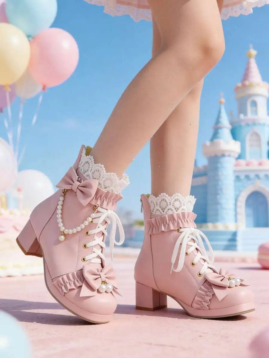 Women Pink Kawaii Lolita Boots Chunky Mid Heel Ankle Lace Up With Bow Pearl Ruffle Platform