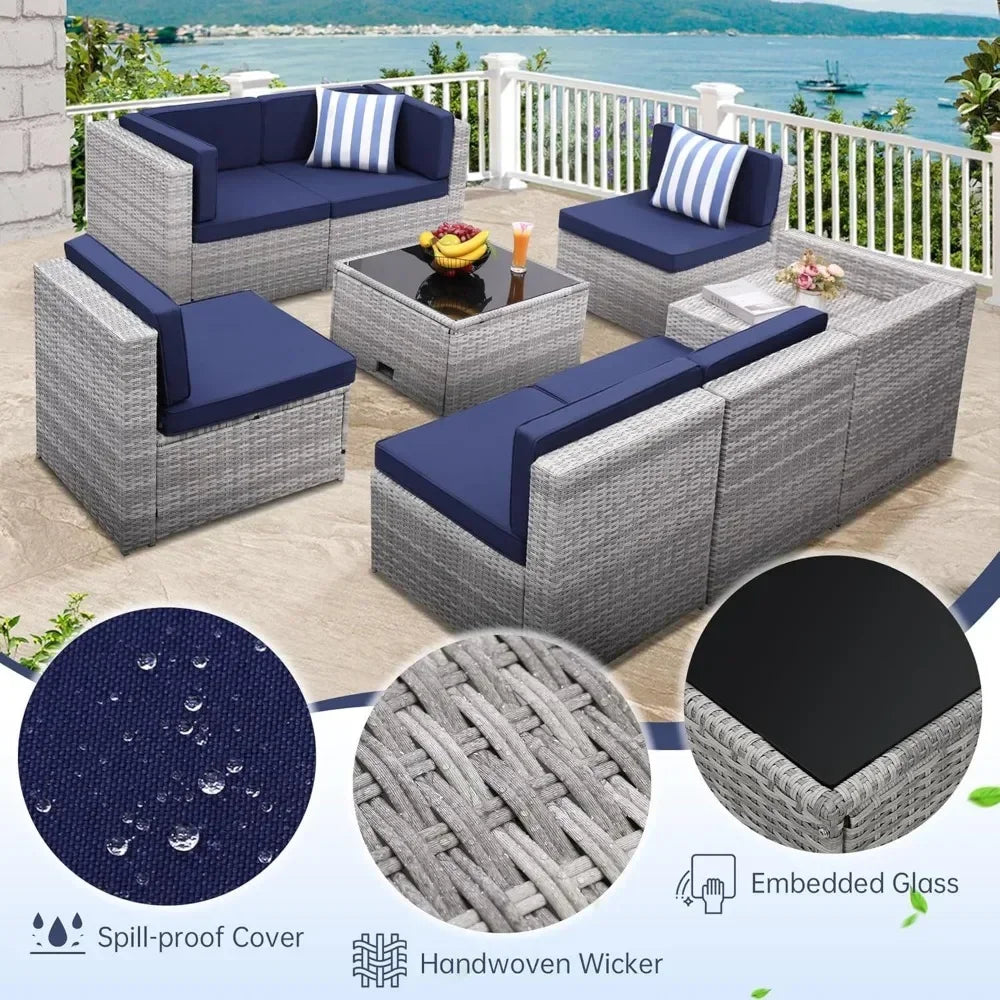 Outdoor Rattan Patio Furniture Set With Glass Table Hidden Storage
