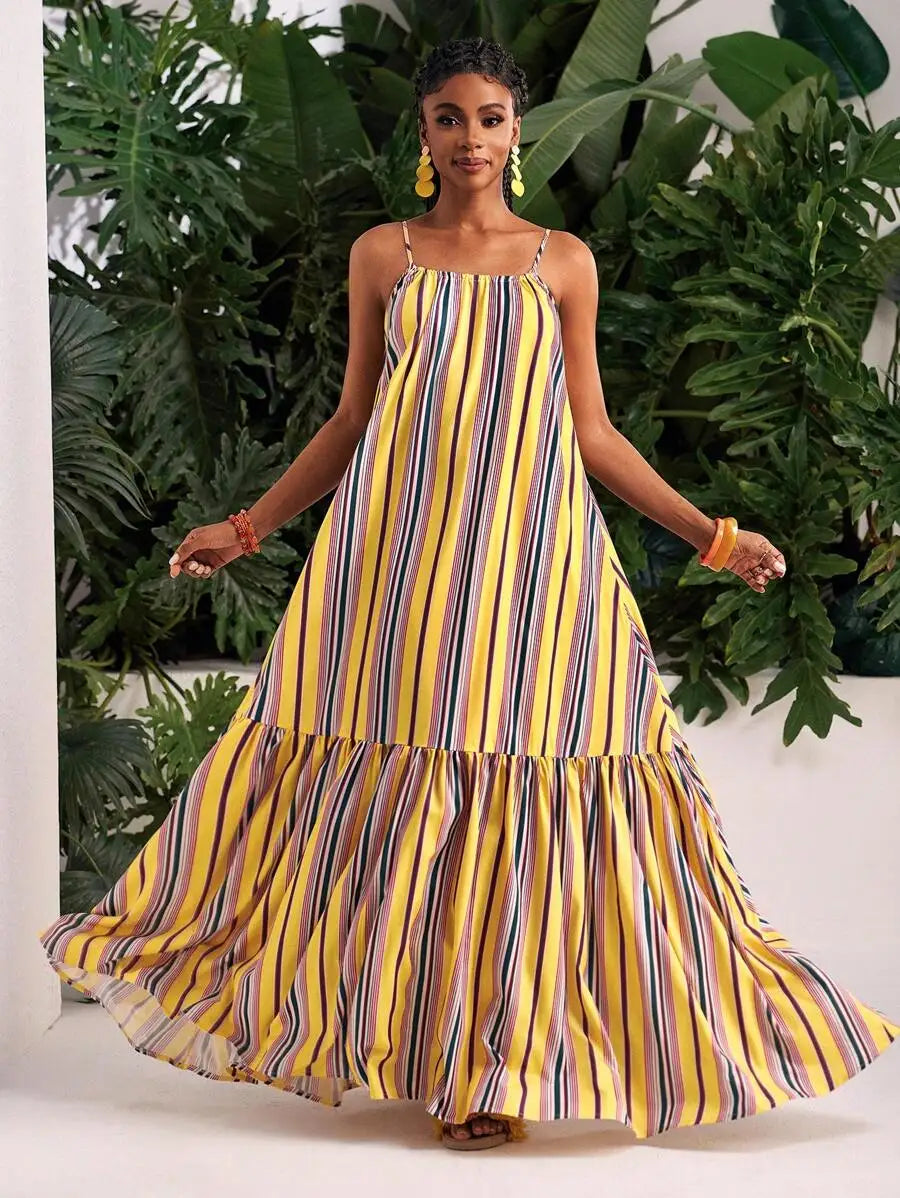 Summer Striped Spaghetti Strap Maxi Dress A-Line Casual Beach Vacation