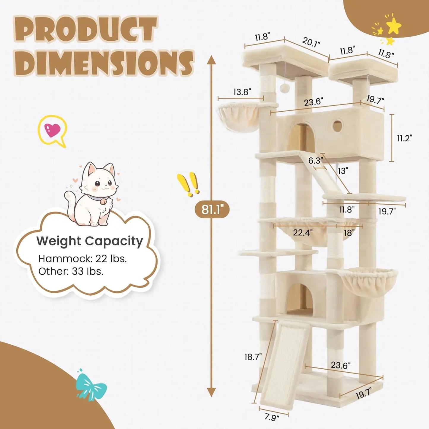 81in Multi-Level Cat Tree Tower with Hammock, Scratching Posts, and Cozy Perches for Indoor Cats - Beige