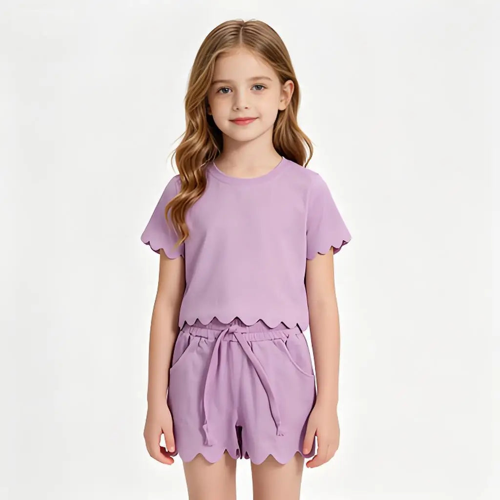 Cotton Clothes Sets for Sibling Baby Girls with Short Sleeve Top Pockets And Scallop Shorts
