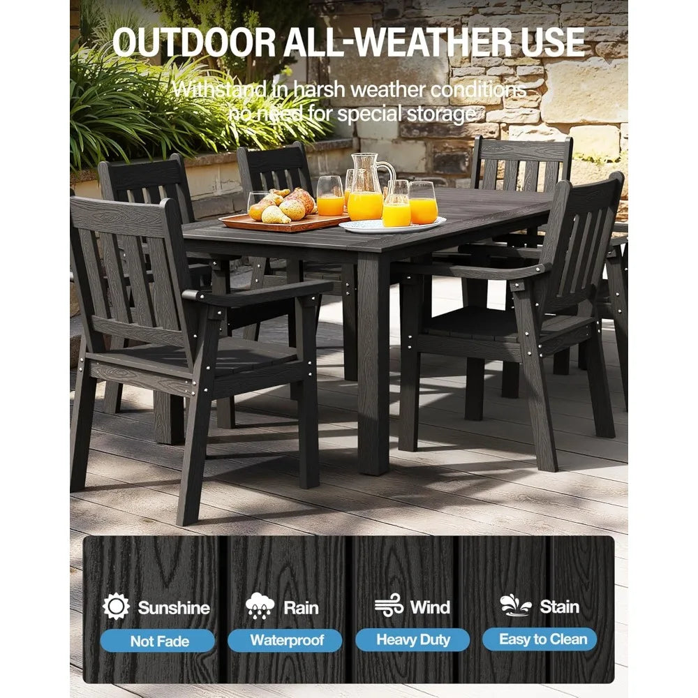 HIPS Patio Table Set: 7 Piece Outdoor Table and Chairs Dining Furniture Set with Umbrella Hole - Black Modern Plastic Dining Se