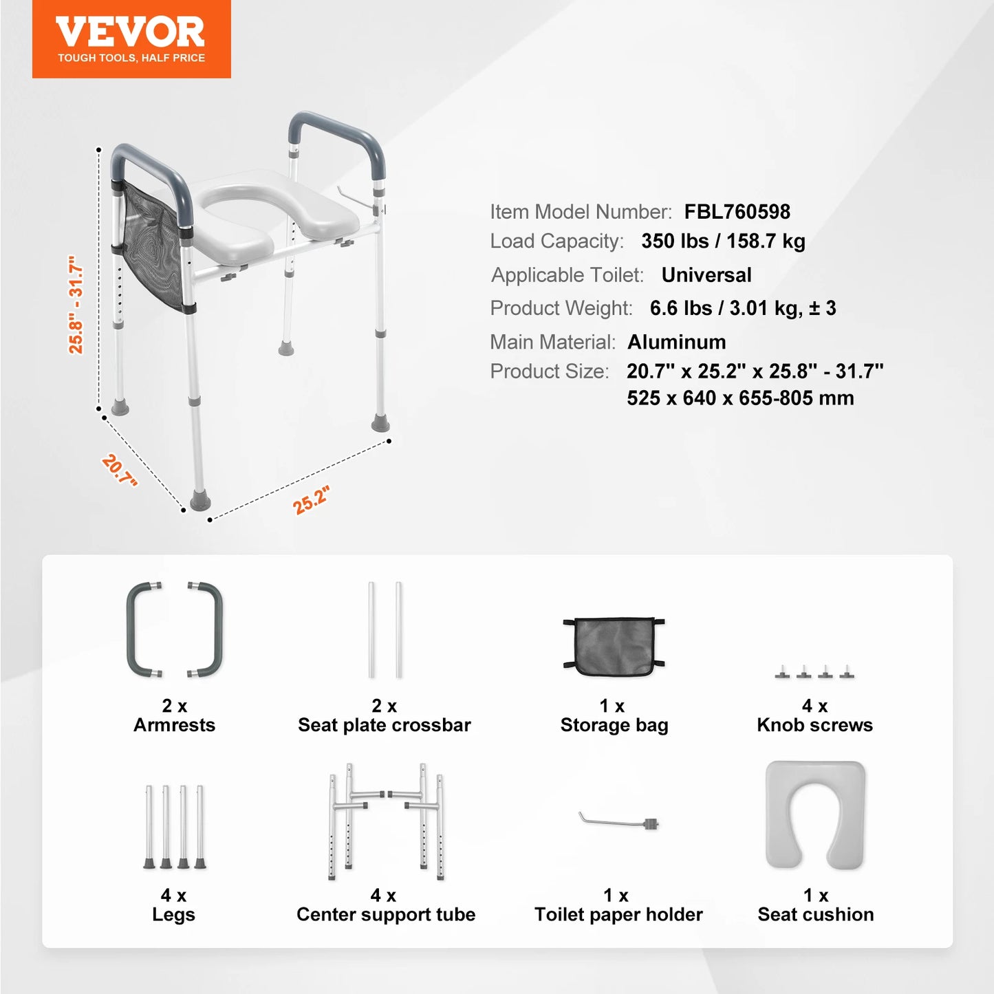 SucceBuy Adjustable Raised Toilet Seat With Comfort Padded Aluminum Frame