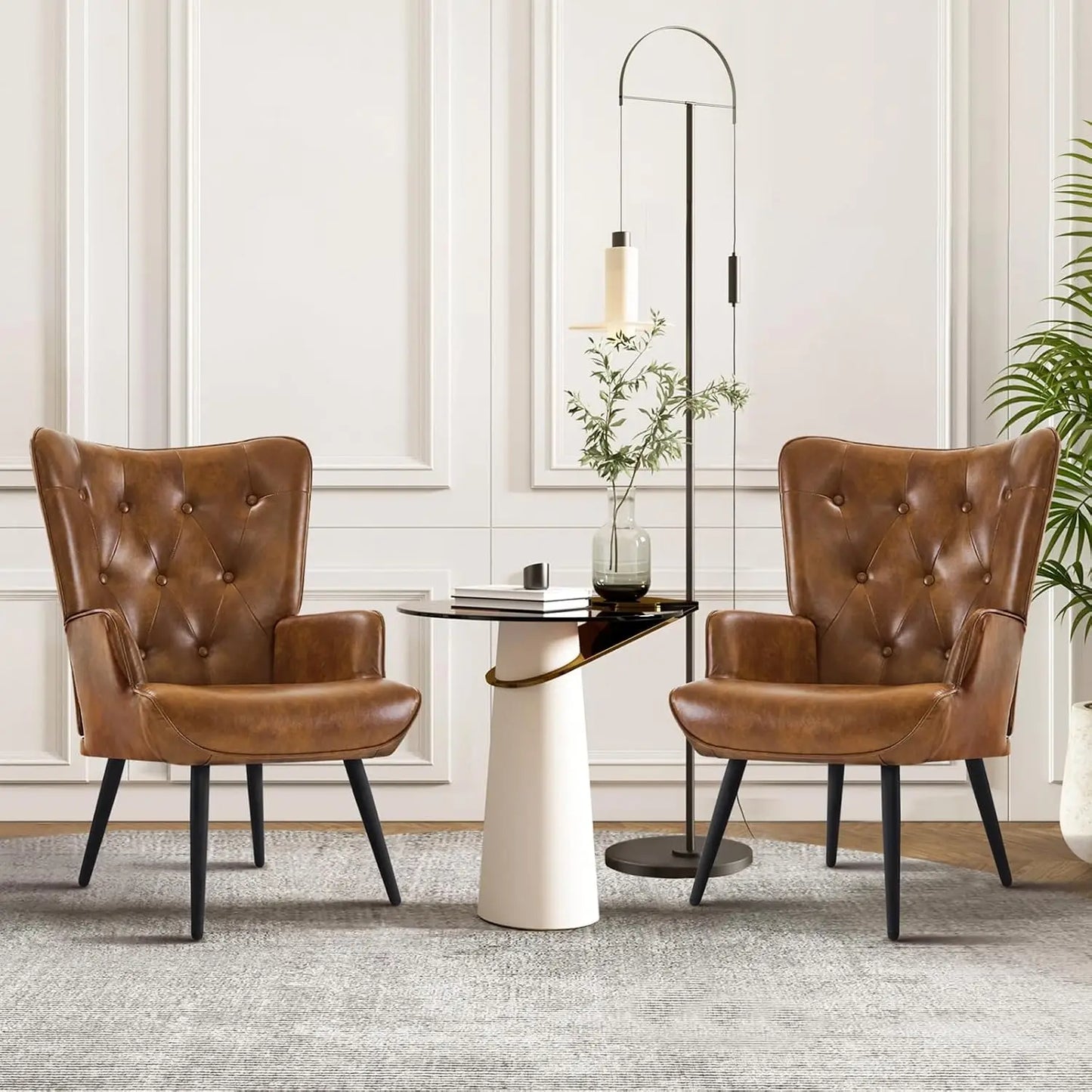 Set of 2 Mid Century Brown PU Leather Wingback Accent Chairs, High Backrest Reading Corner Armchair, Customized