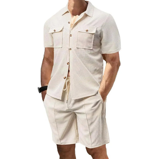 Casual Men s Summer Set Stylish Short Sleeve Button Up Shirt and Comfortable Elastic Waist Shorts in Solid Colors for Beach