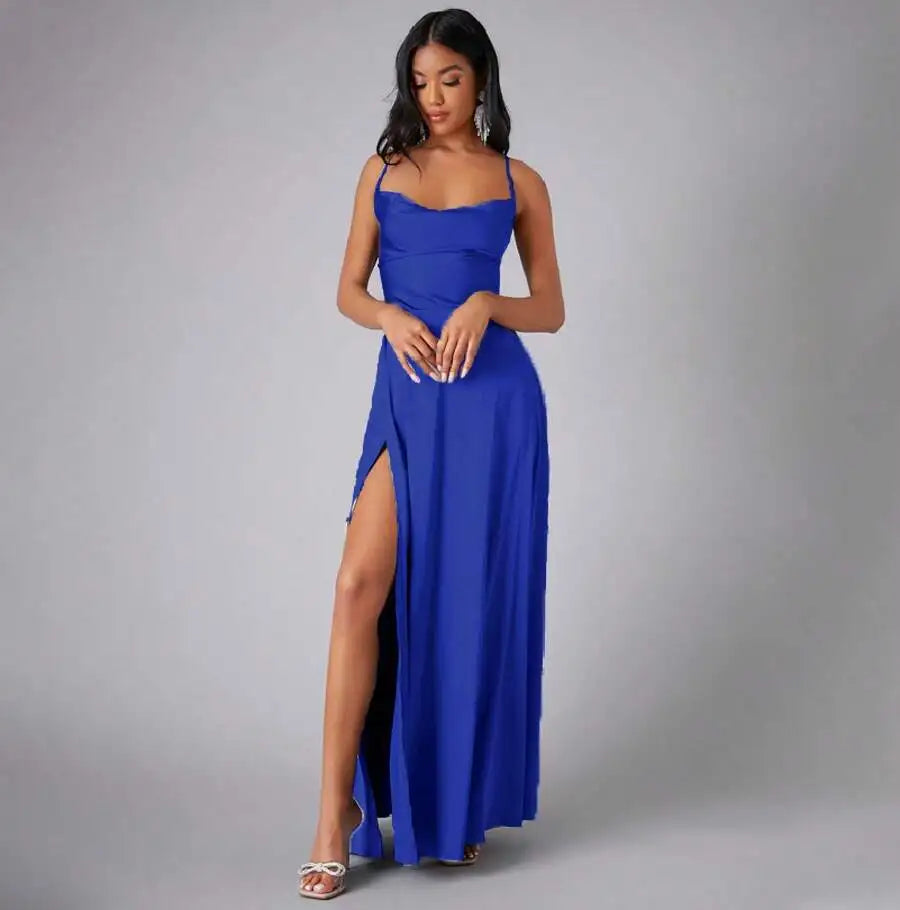 Satin Spaghetti Strap Prom Dress With High Slit And Draping