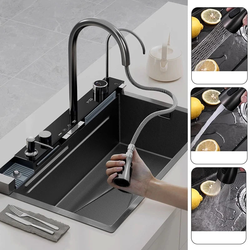 304 Stainless Steel Kitchen Sink Double Waterfall Single Slot Integrated Digital Display Faucet Set Soap dispenser Cup Washer
