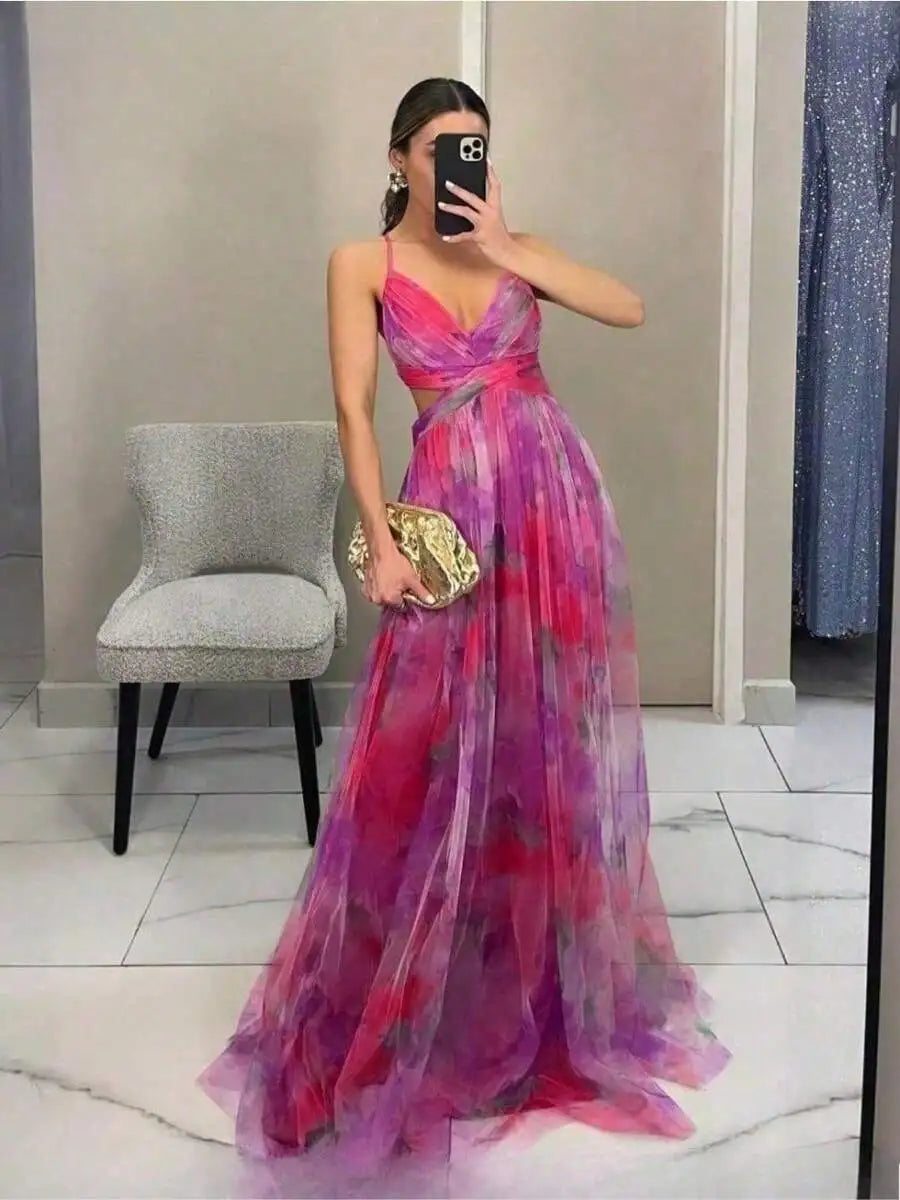 Womens Mesh Printed Cami Prom Dress Floor-Length V-Neck Sleeveless