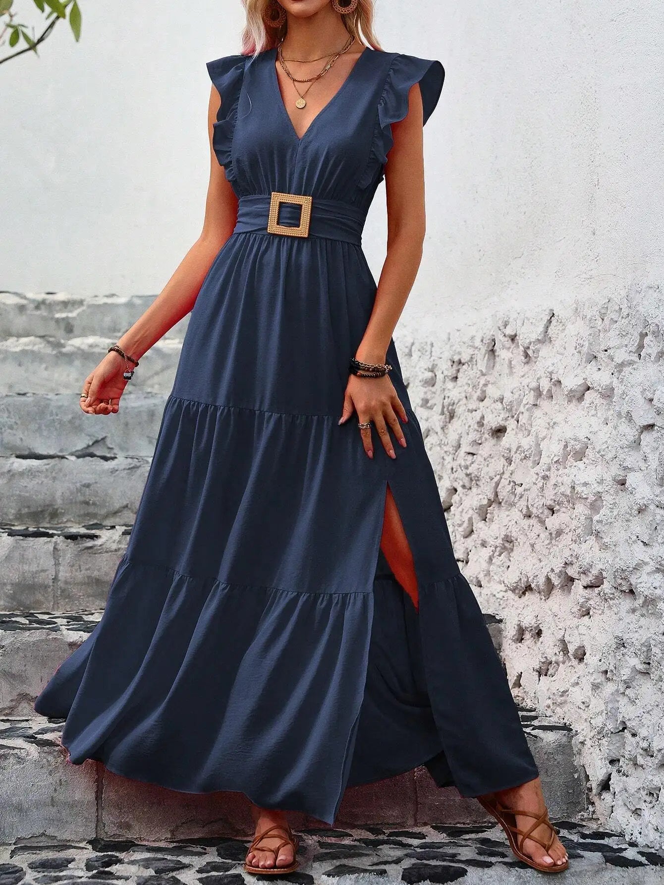Ruffle Trim High Slit Maxi Dress For Summer Vacation Beach Outfit Women