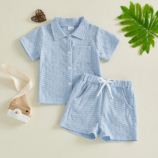 Infant Boy s Summer Outfit Set with Textured Short Sleeve Button-up Collar Shirt and Matching Shorts for Toddlers