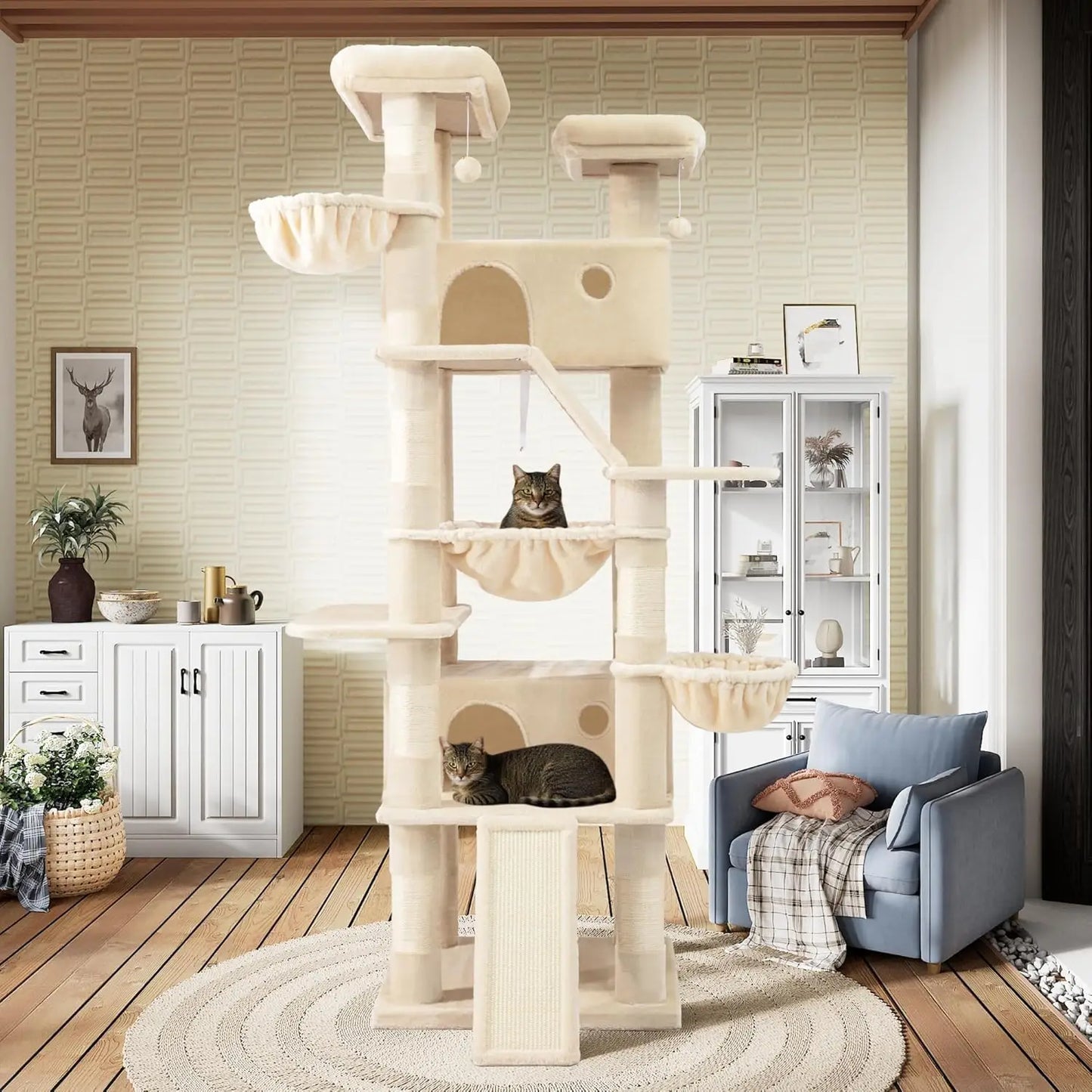 81in Multi-Level Cat Tree Tower with Hammock, Scratching Posts, and Cozy Perches for Indoor Cats - Beige