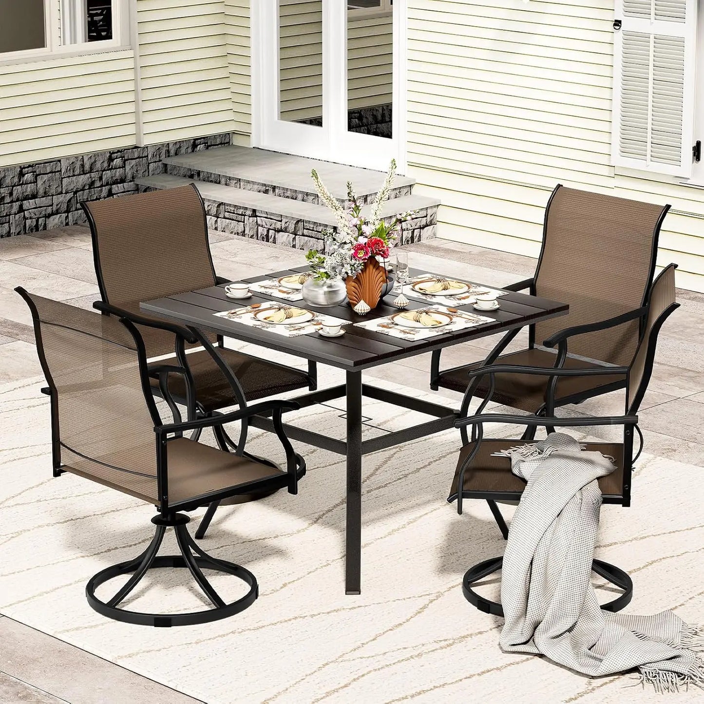 Outdoor 5 Piece Patio Dining Set With Swivel Chairs And Round Table