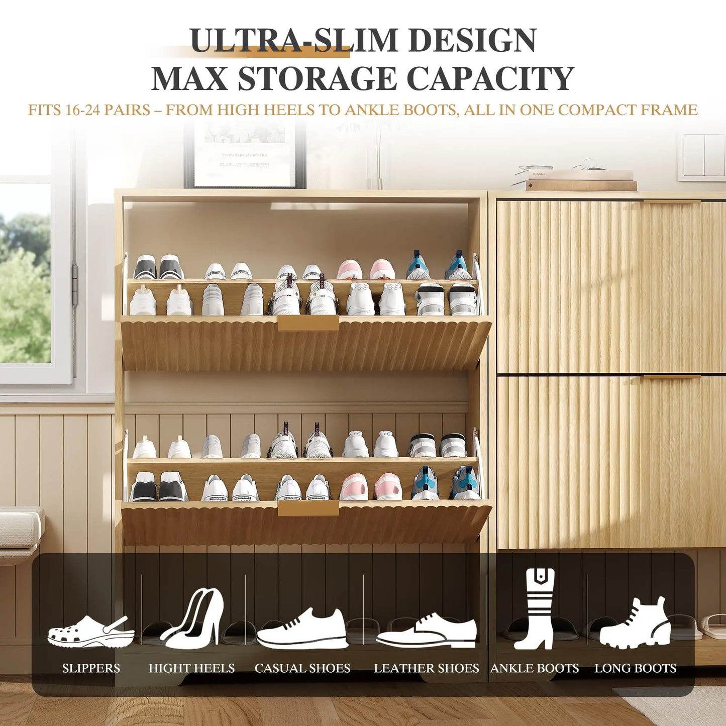 Narrow Shoe Storage Cabinet With 2 Flip Drawers, Slim Fluted Hidden Freestanding Wooden Shoe Rack For Entryway Hallway Foyer