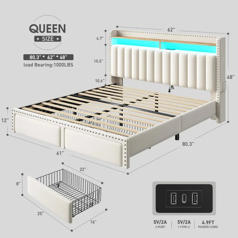 Queen Bed Frame with 2 Storage Drawers, Upholstered Queen Platform Bed with LED Lights and Charging Station, Sturdy, Customized