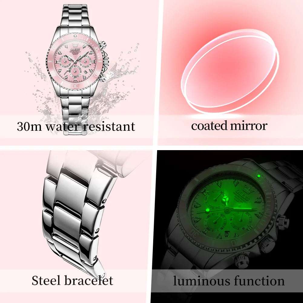 OLEVS Women's Quartz Chronograph Watch With Date and Luminous Dial