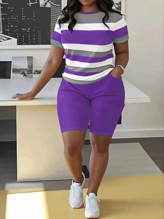 Plus Size Women's Striped Short Sleeve Top & Green Biker Shorts Set, Casual Summer Outfit