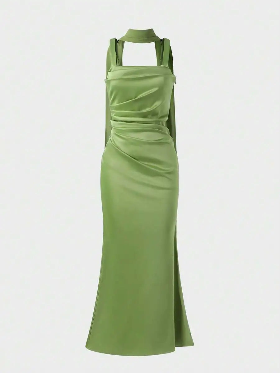 Elegant Satin Long Dress With Ribbon Strap For Women