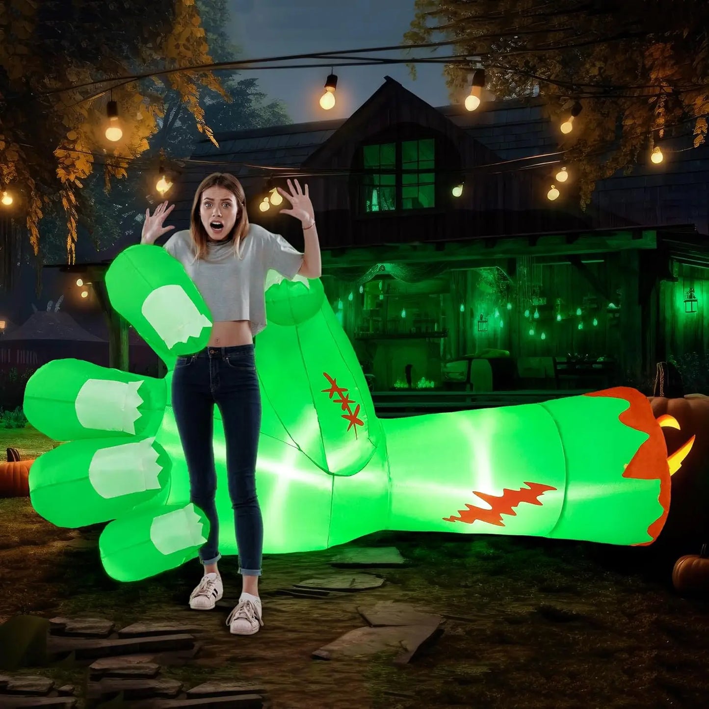 Joyfy 9Ft LED Scary Green Broken Zombie Hand Inflation
