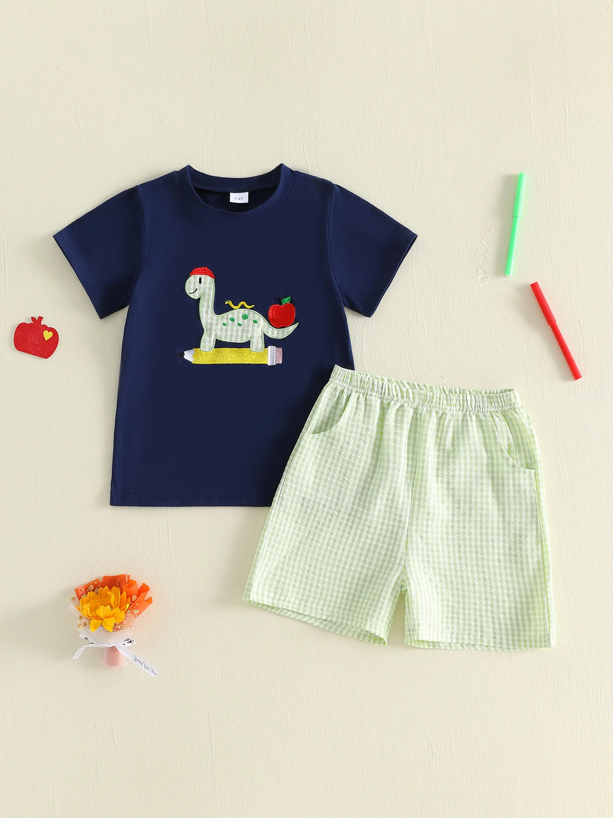 Toddler Boys Dinosaur Embroidery Tshirt And Matching Shorts Set