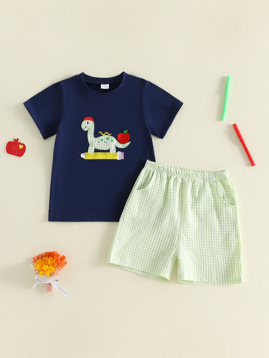 Toddler Boys Dinosaur Embroidery Tshirt And Matching Shorts Set