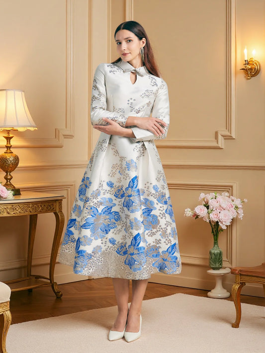 DEVCHATACN Gradient Jacquard Dress With Mandarin Collar Lace Up