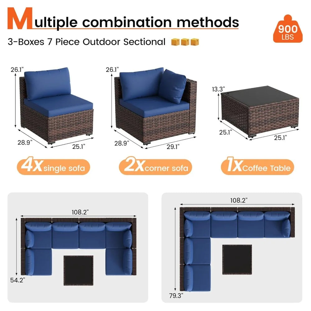 Patio Furniture Set, 7-Piece Outdoor Sectional Rattan Sofa Set with Coffee Table (Navy Blue Cushions with Brown, Customized