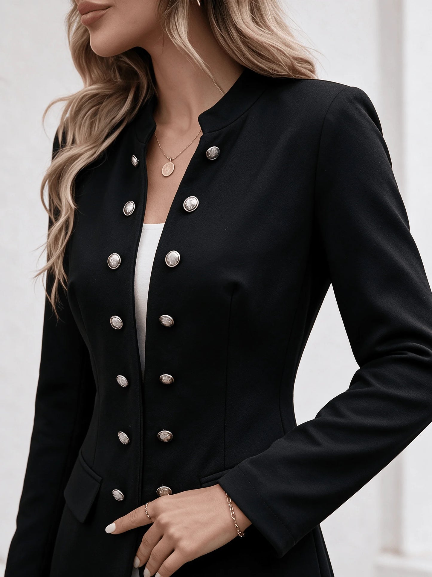 Women Stand Collar Blazer Jacket Elegant Double‑Row Silver Button Long Sleeve Slim Fit Office Business Casual Outerwear for Daily Work