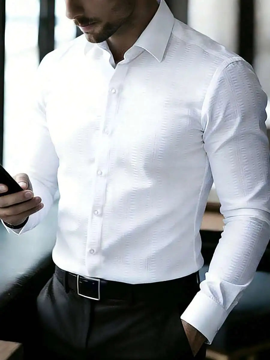 Mens Solid Color Long Sleeve Button Up Shirt Stand Collar