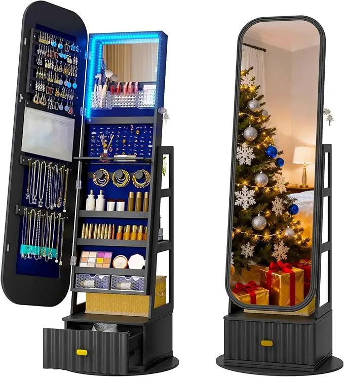 Full Length Jewelry Mirror Cabinet With Storage And Rotating Stand
