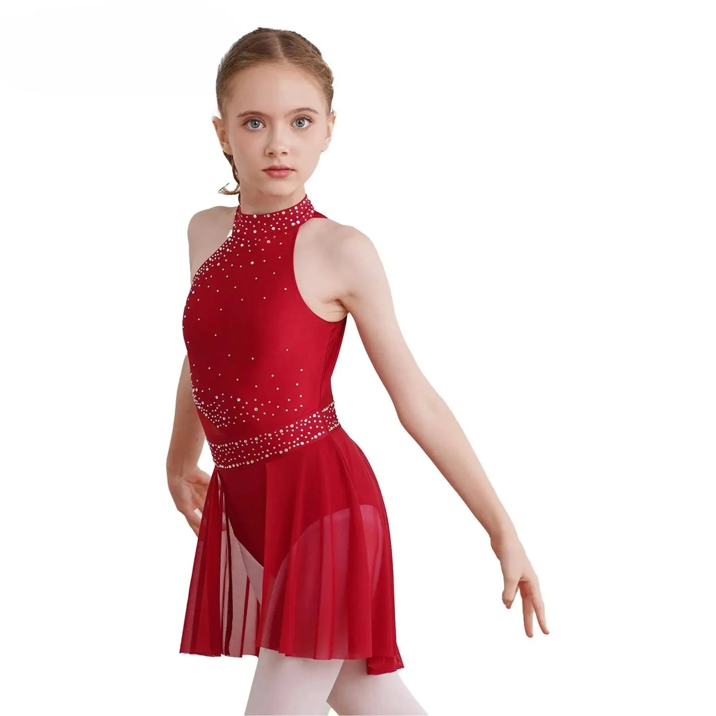 NONECN Girls Rhinestone Halter Ice Skating Dress Skirted Leotard Dancewear