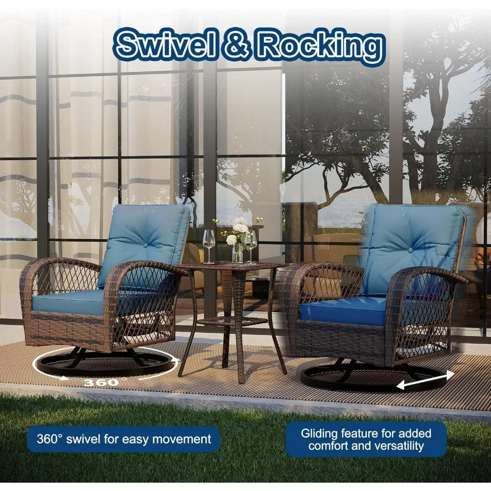 3 Piece Outdoor Swivel Chairs, Wicker Patio Bistro Set with Thickened Cushions and Side Table, Patio Swivel Rocking Chairs for P