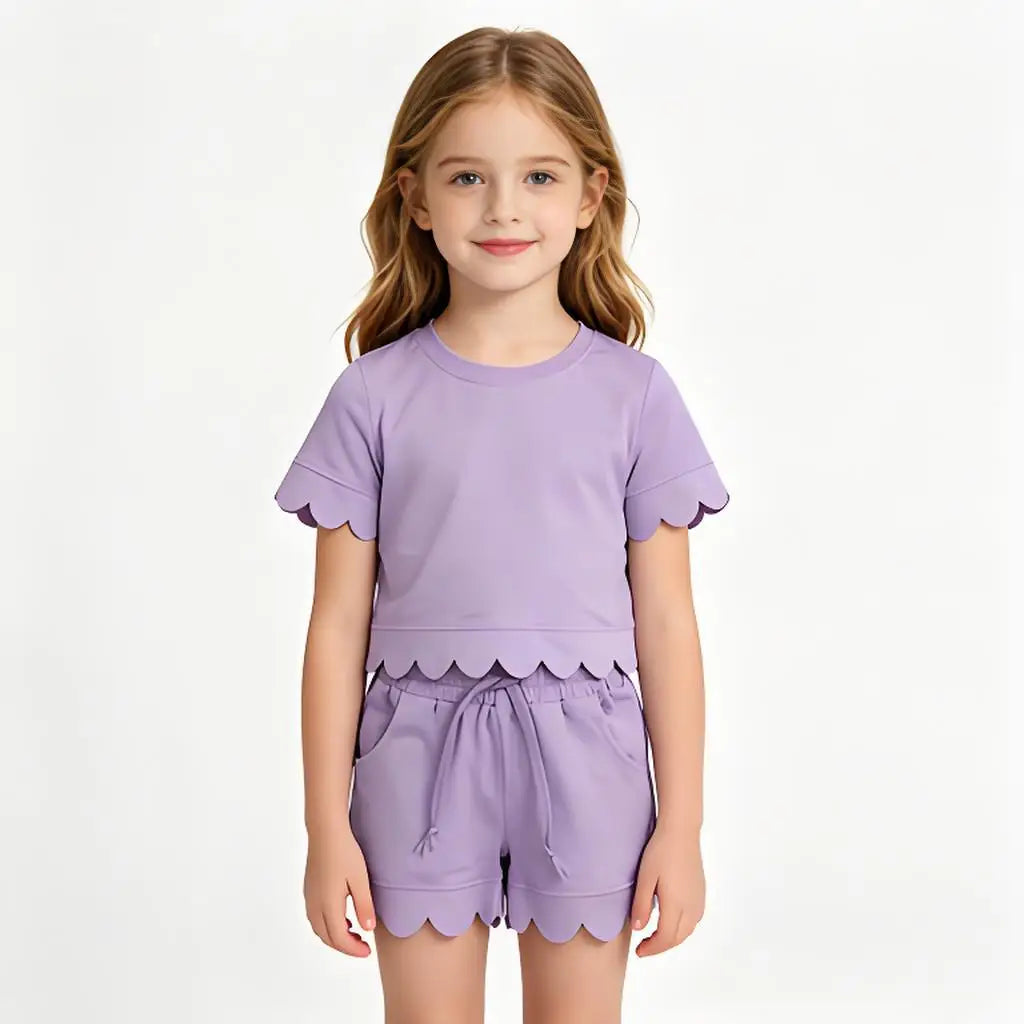 Cotton Clothes Sets for Sibling Baby Girls with Short Sleeve Top Pockets And Scallop Shorts