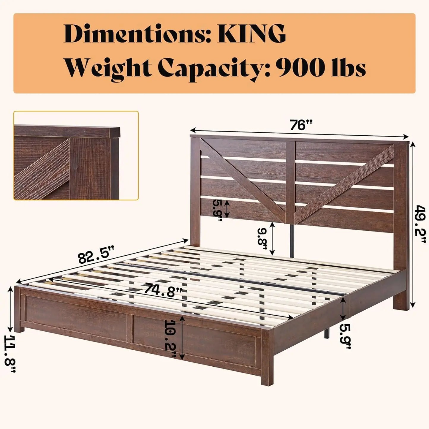 King Size Bed Frame with 49.2" Barn Door Headboard and Footboard, Rustic Farmhouse Platform Bed Frame with Wood, Customized