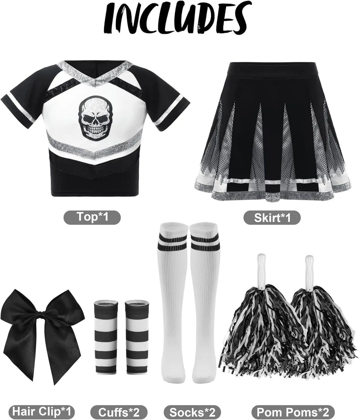 Spooktacular Creations Halloween Cheerleader Costume Girls Bad Spirit Costume for Kids Skull Scary Outfit with Accessories