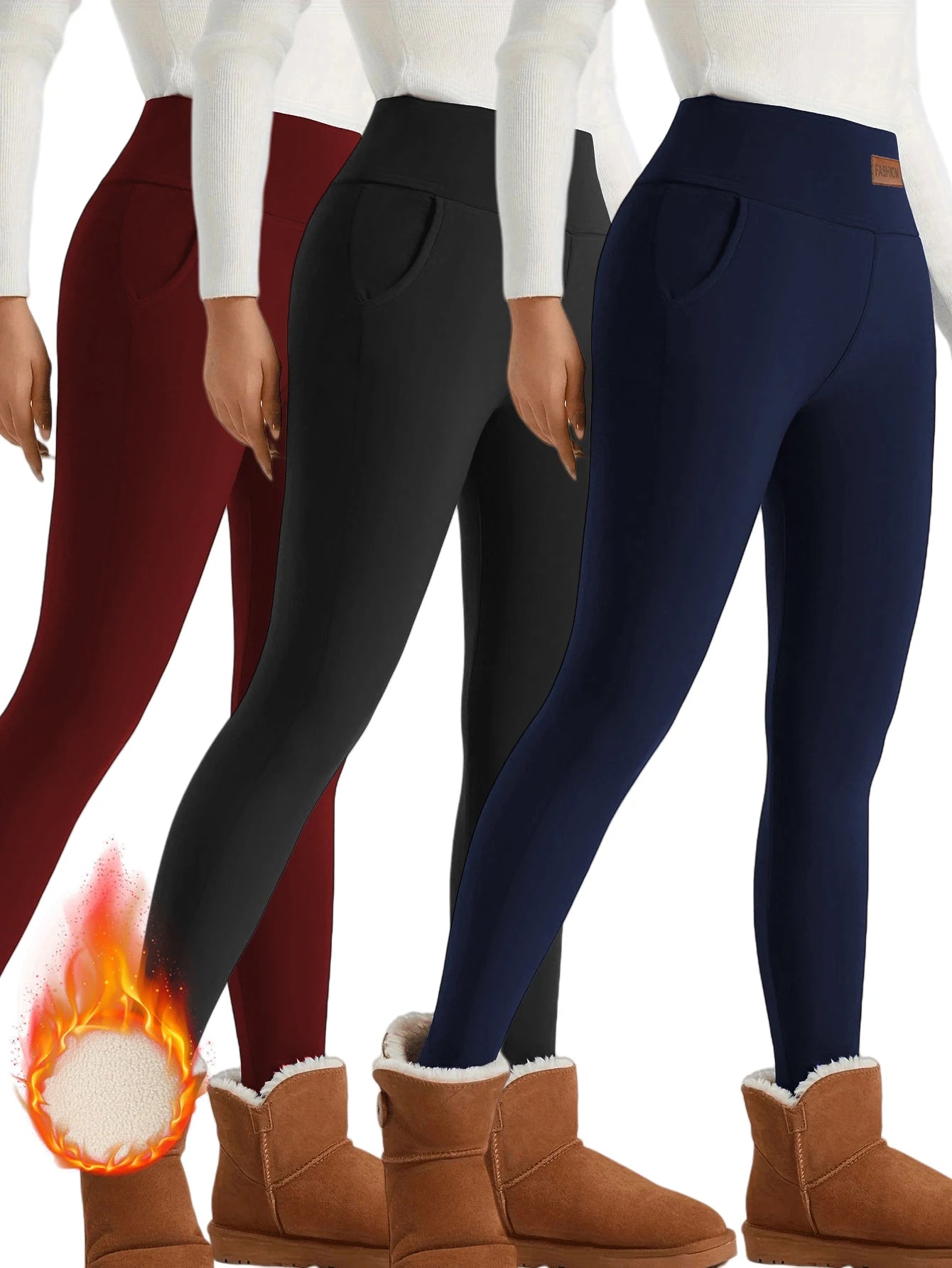Three Pack Fleece Lined High Waist Thermal Leggings For Women