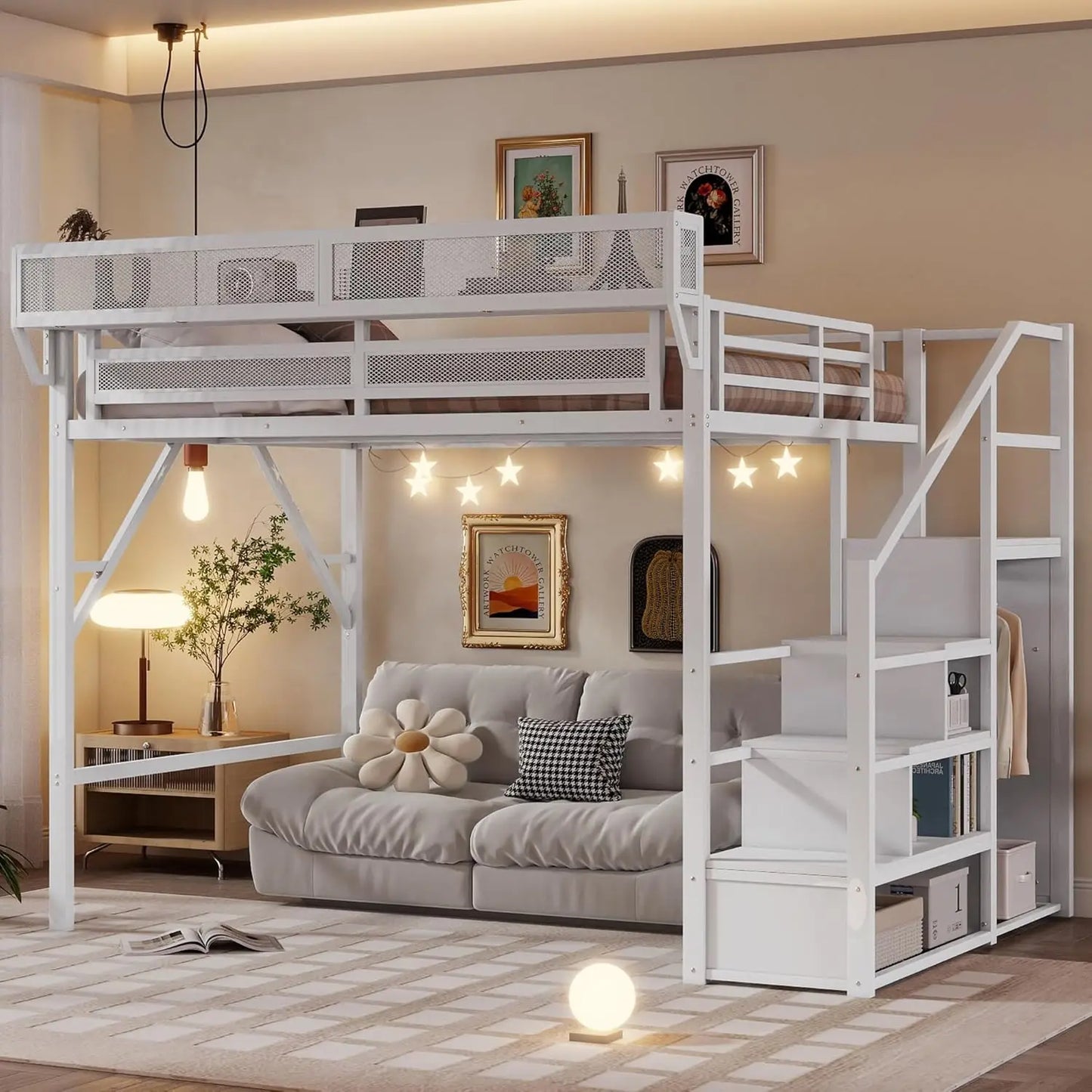 Queen Size Loft Bed Frame for Adults, Metal Loft Bed with Stairs & Storage, Wardrobe, Bedside Shelf and Large, Customized