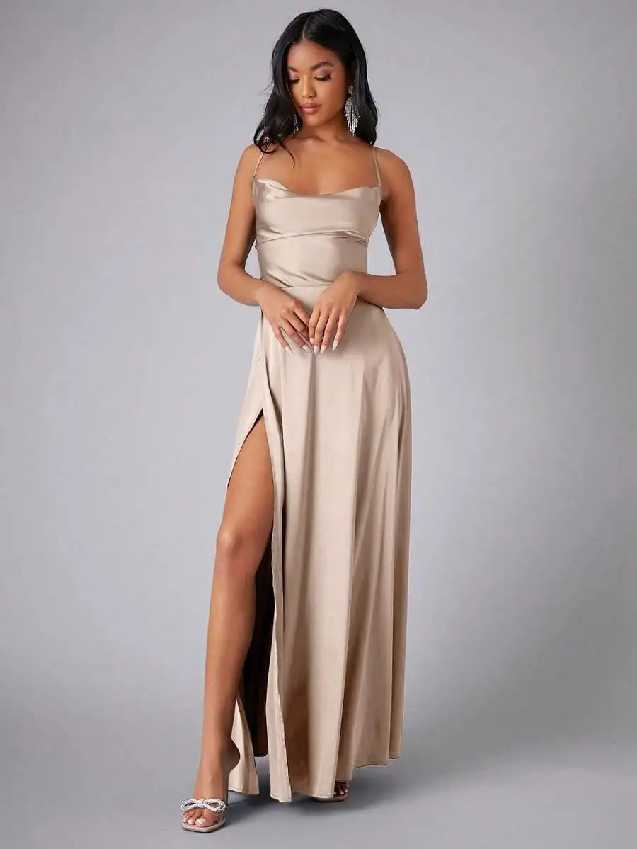 Satin Spaghetti Strap Prom Dress With High Slit And Draping