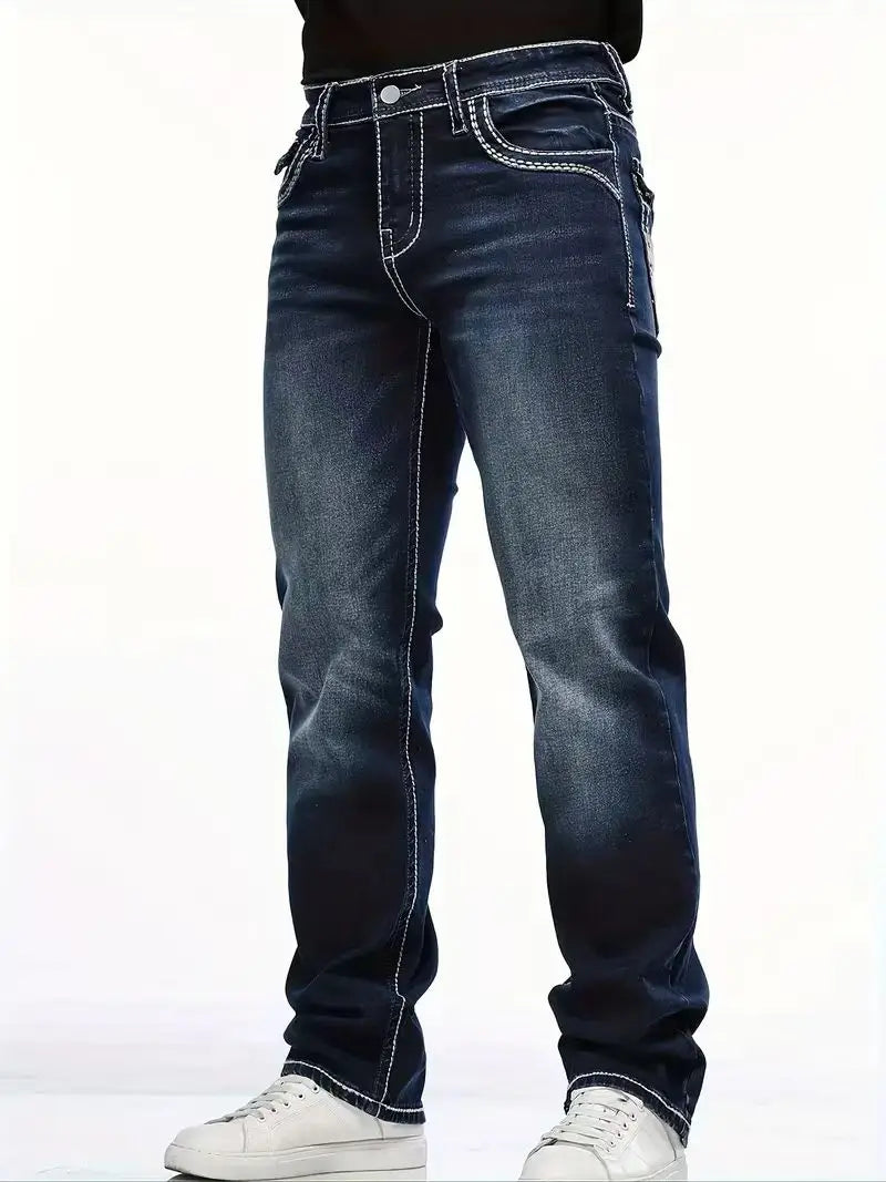 Men's deep blue elastic embroidered casual stretch jeans, street style, solid color, suitable for all seasons.