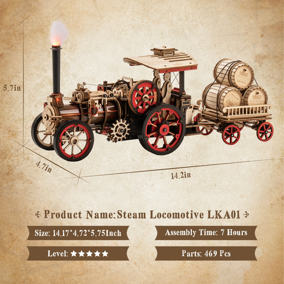 ROKR Wooden Steam Engine 3D Mechanical Puzzle Building Kit