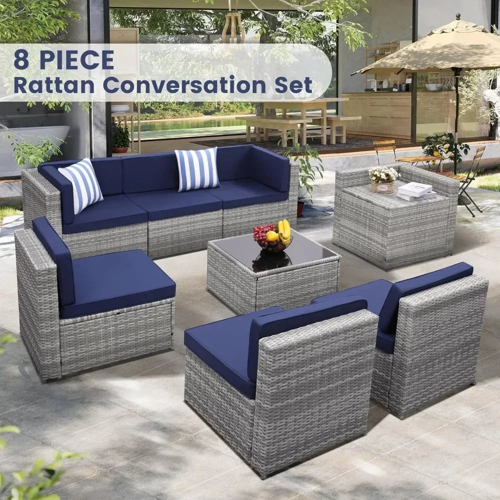 Outdoor Rattan Patio Furniture Set With Glass Table Hidden Storage