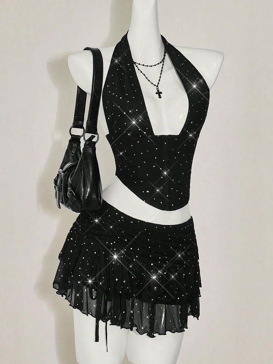 Leopard Print Halter Neck Crop Top and Ruffle Mini Skirt Set for Women