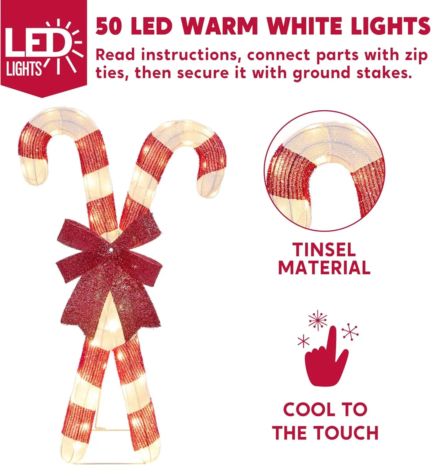 Joyfy Lighted Candy Cane Christmas Decor 50 LED Candy Canes
