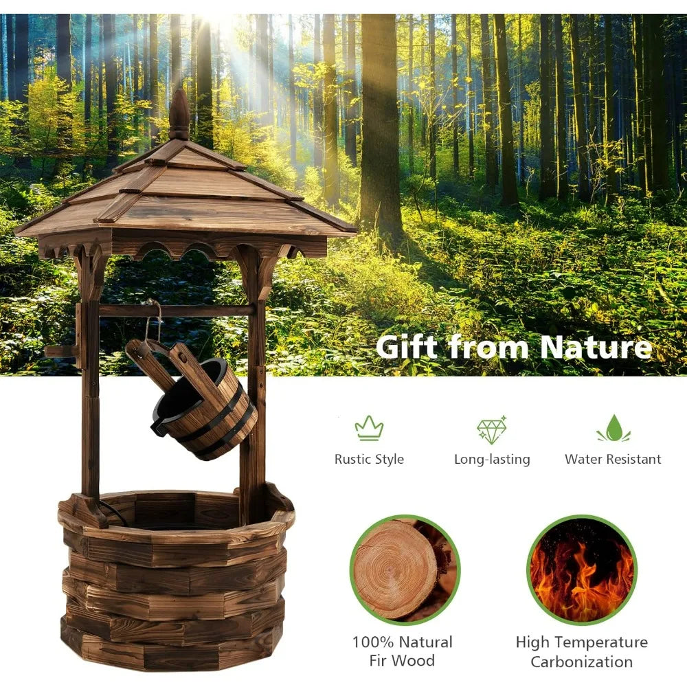 Rustic Wishing Well Fountain, Outdoor Wooden Water Fountain with Electric Pump, 5 Adjustable Water Flow Rates, Water Bucket, Fr